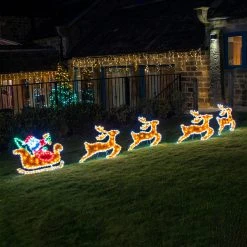 Promo ❤️ Premier 3.8m Giant Tinsel Motif LED Lit Santa With Sleigh And 4 Reindeer ✔️